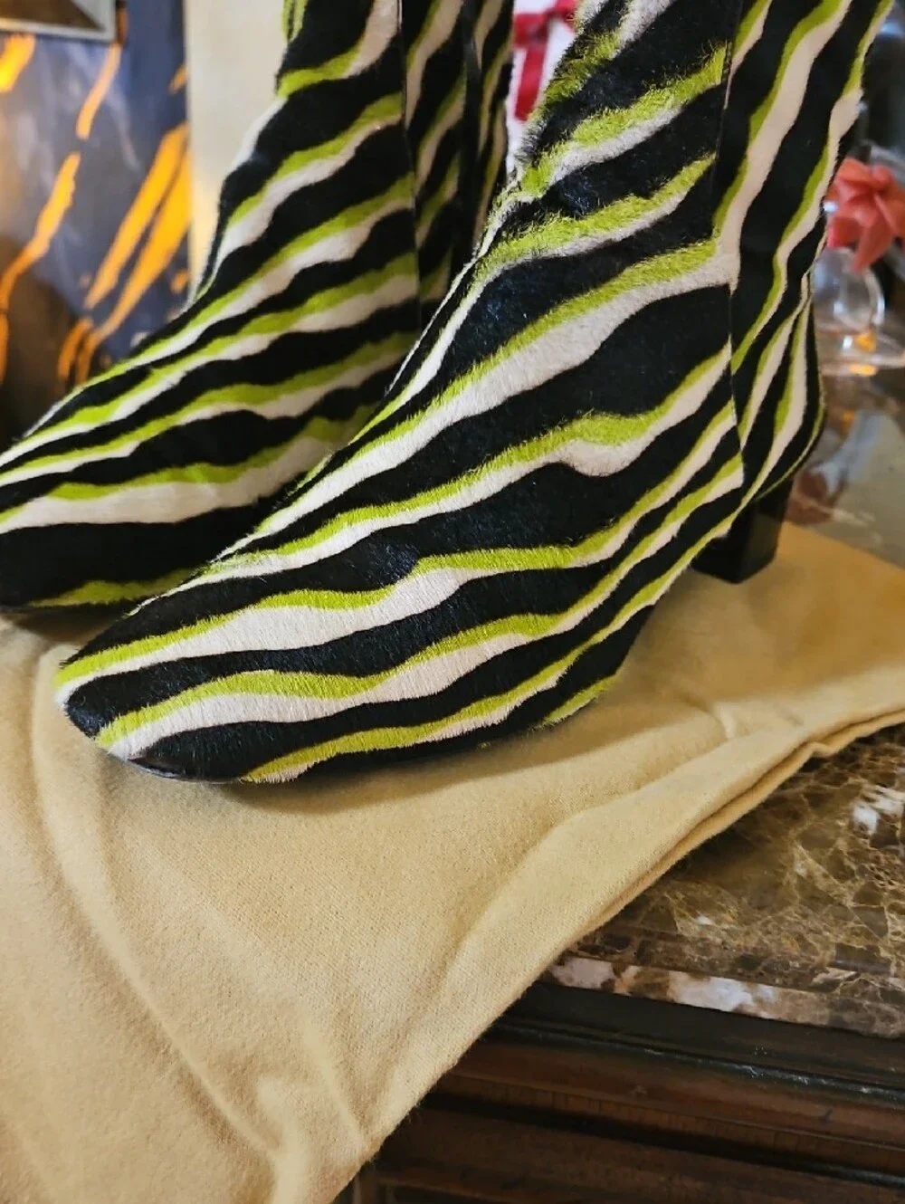 Michael Kors Black White Lime Zebra-Print Ankle Booties